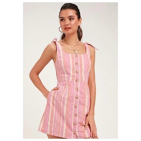 Lulu's Brooklin Pink Striped Linen Blend Button Front Mini Dress Size Small - Picture 1 of 8